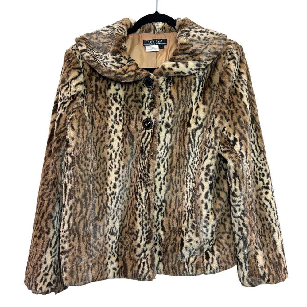 City Girl Faux Fur Jacket Womens Large L Brown Leopard Print Cheetah Cozy Glam